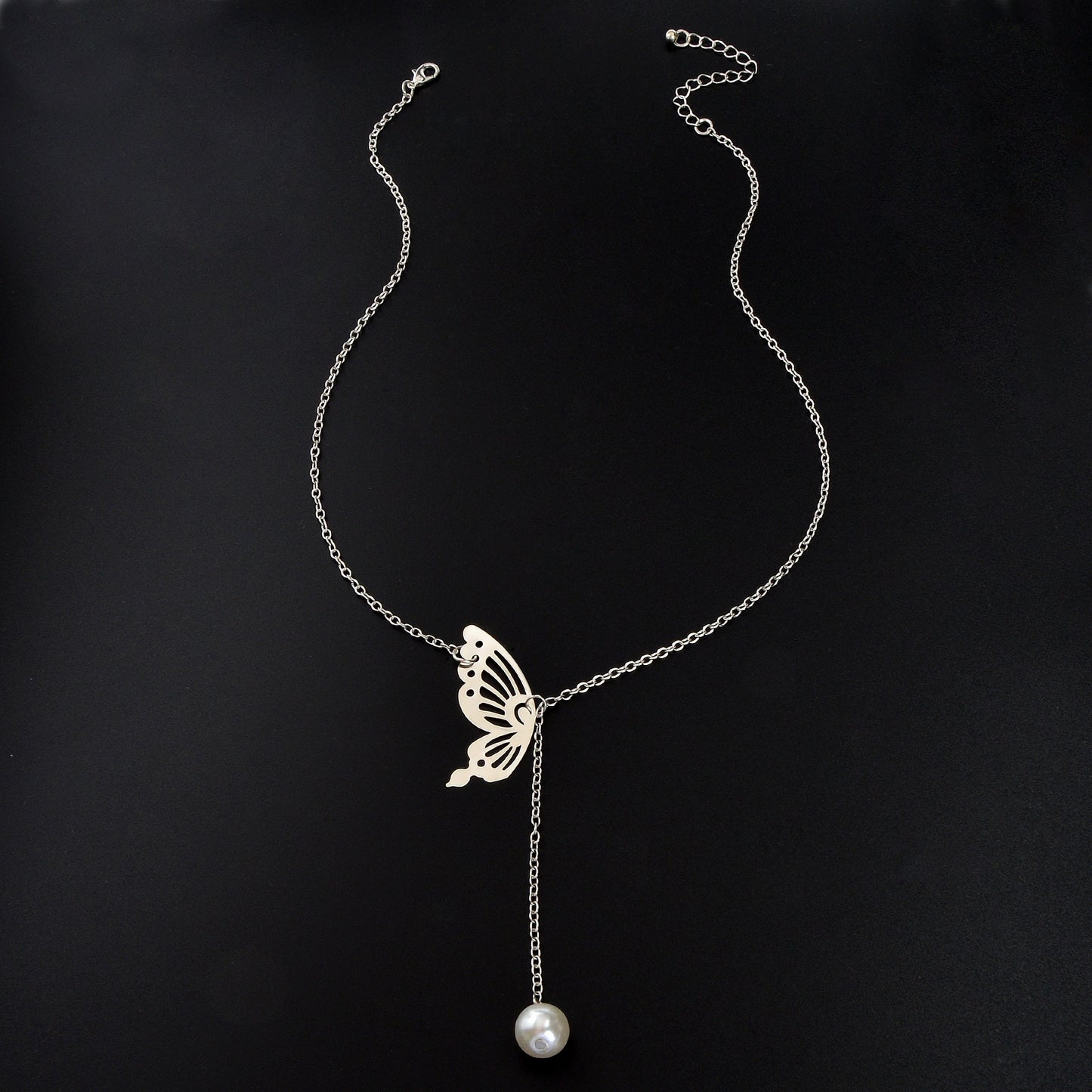 Y Style Silvery Chain Hollow Butterfly Imitation Pearl Pendant Necklace Graceful Daily Party Jewelry