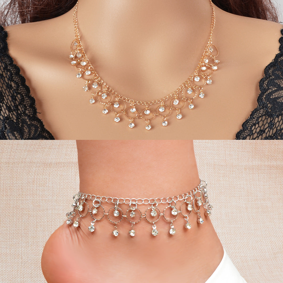Fashion Jewelry set Rhinestone Decor Golden Chain Necklace and Silvery Chain Anklet