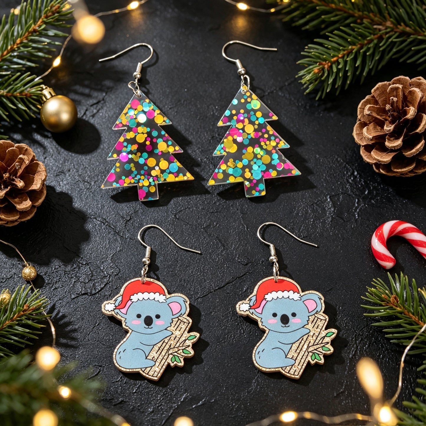 2 pairs Christmas Festival Jewelry Sequin Decor Acrylic Tree Koala Earrings set