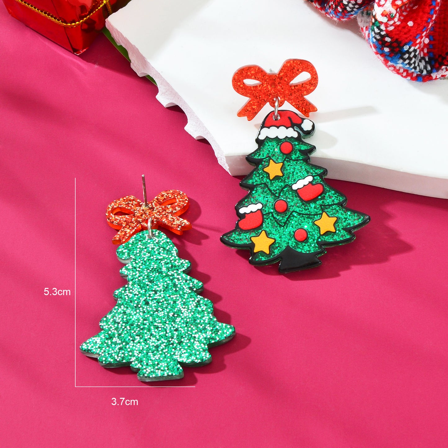 Shining Sequin Decor Acrylic Bow Christmas Tree Dangle Earrings Festival Jewelry