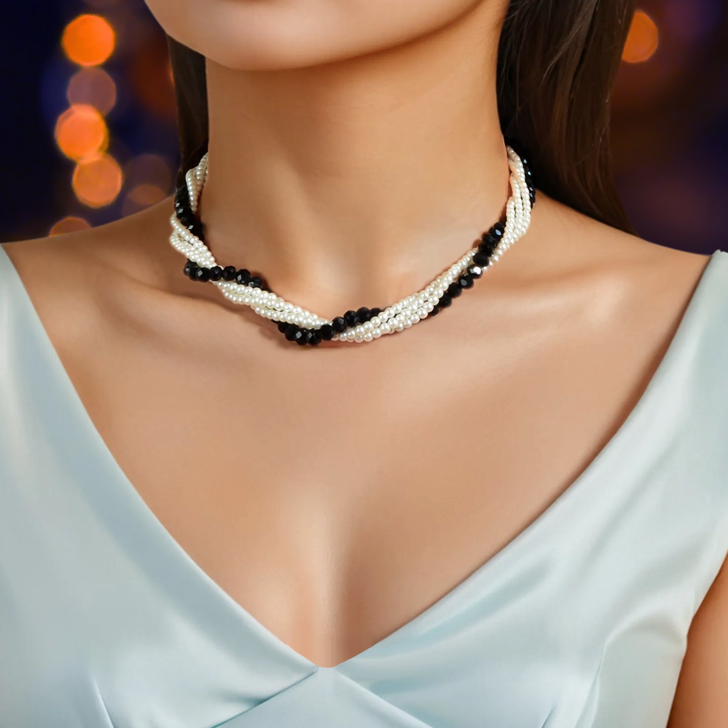 Elegant Black White Beaded Winding Layered Chain Collar Necklace Jewellery