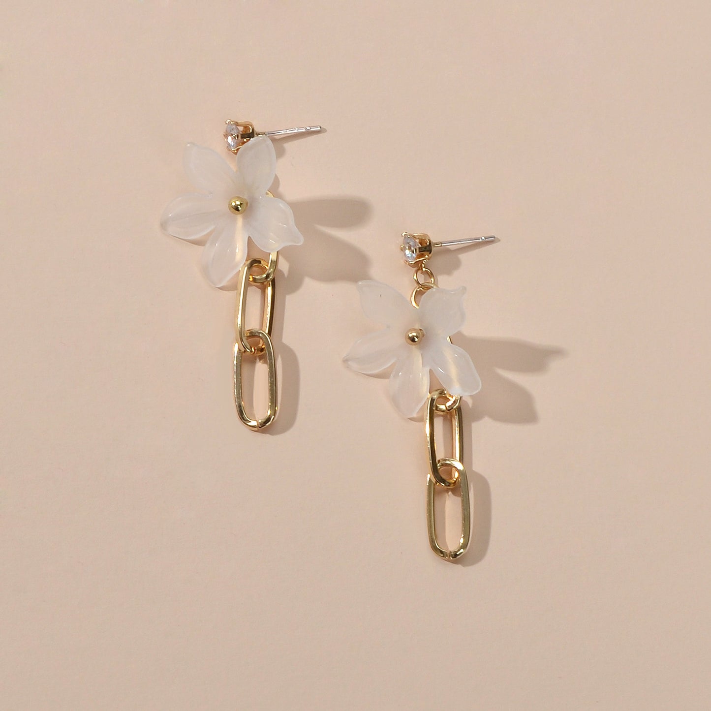Designer Jewellery Gold Paperclip Chain Transparent Resin Flower Dangle Earrings