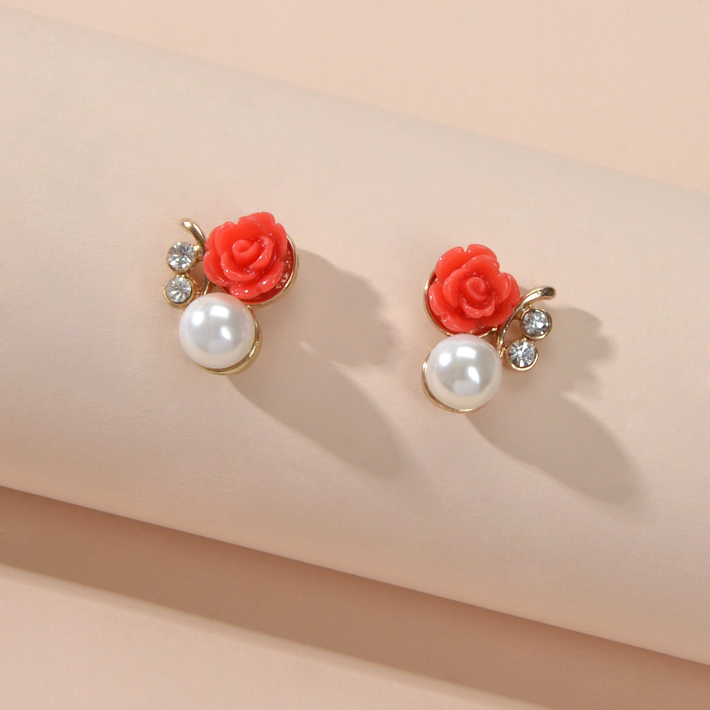 Delicate Rhinestone Pearl Red Resin Flower Stud Earrings Engagement Gift Jewelry