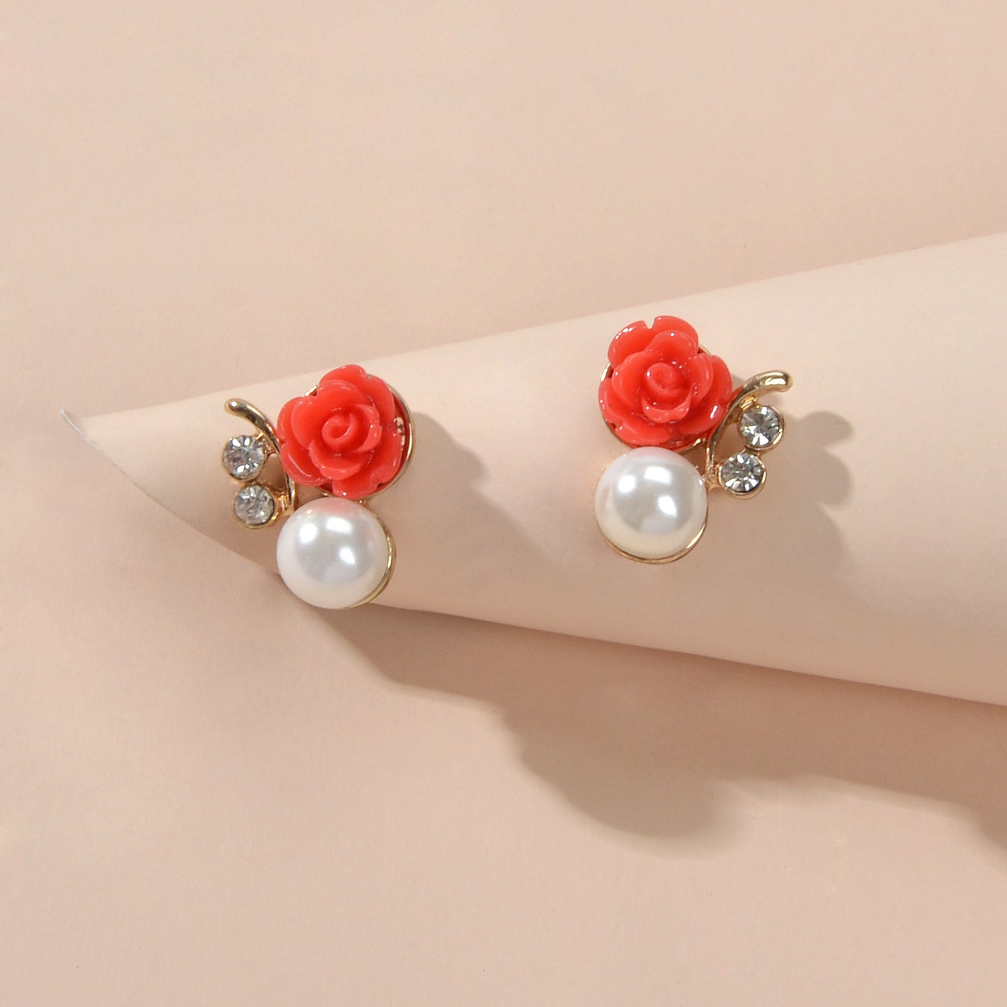 Delicate Rhinestone Pearl Red Resin Flower Stud Earrings Engagement Gift Jewelry