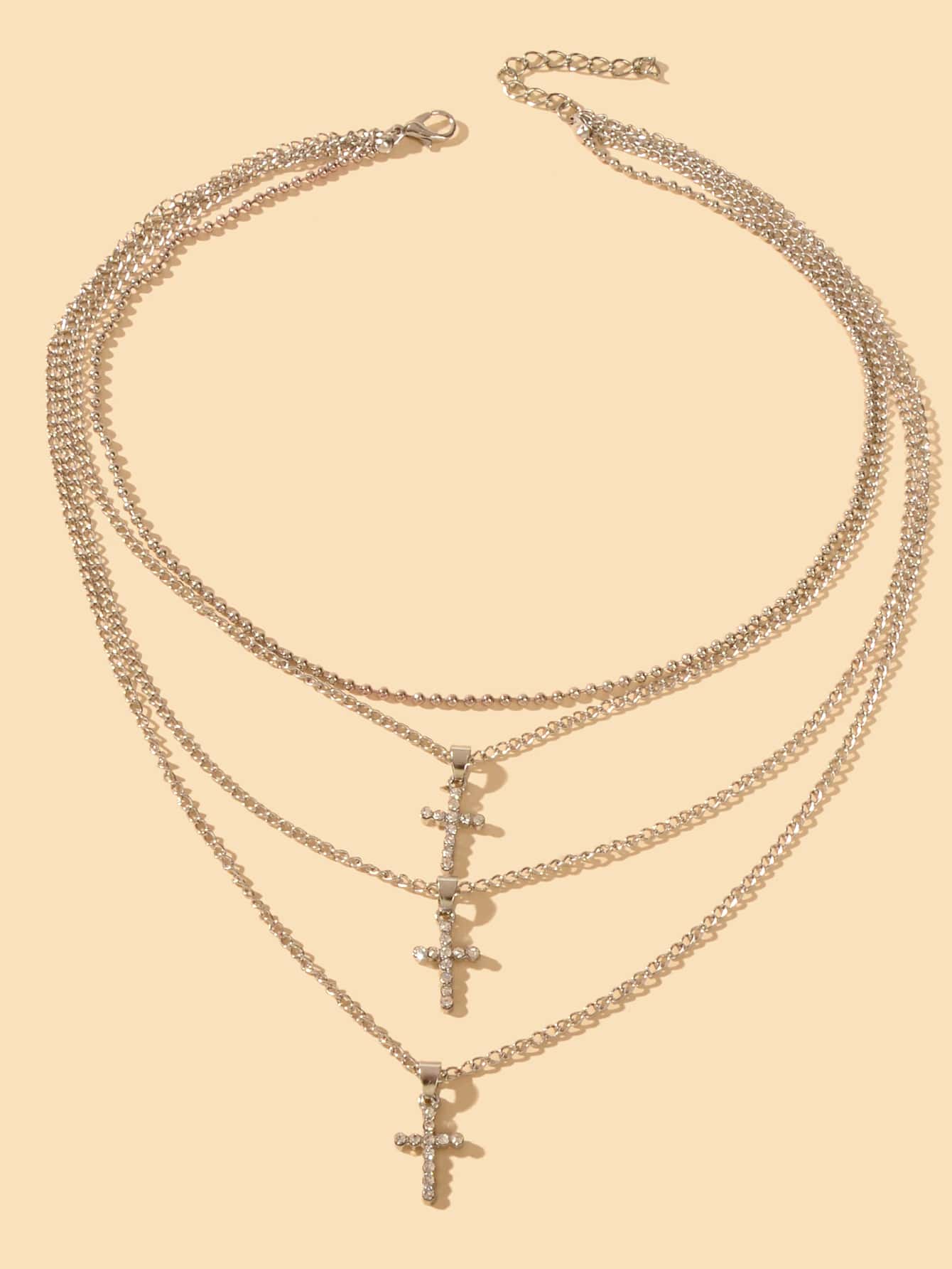 Unique Design Rhinestone Multi-layer Gold Silver Chain Cross Pendant Necklace