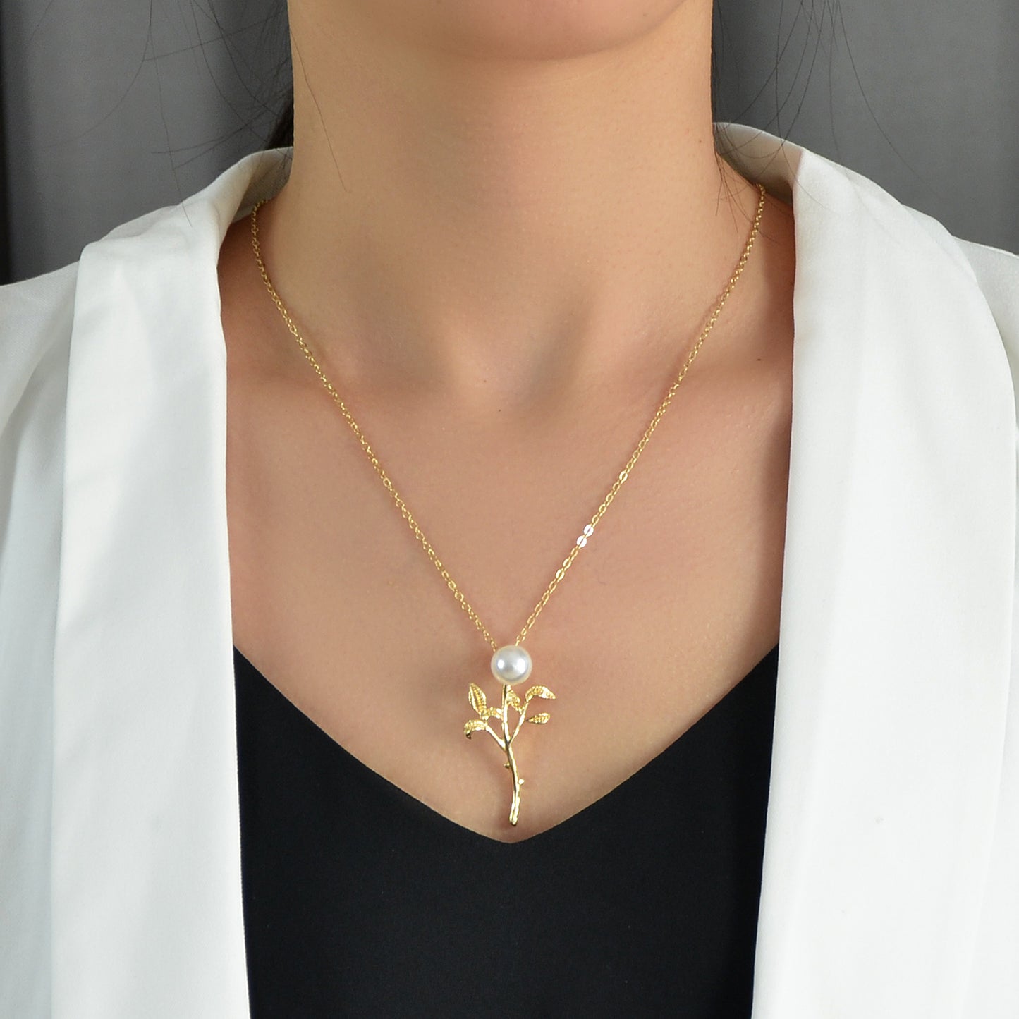 Party Prom Jewelry Golden Chain Imitation Pearl Decor Leaf Branch Pendant Necklace