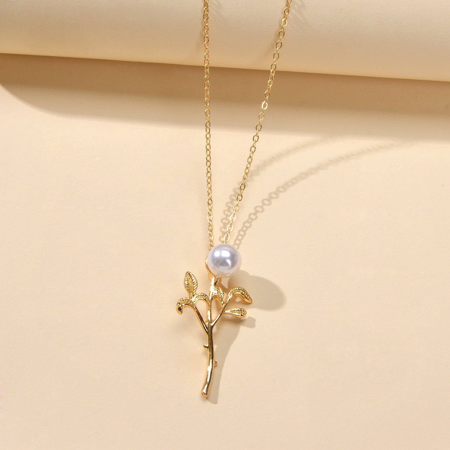Party Prom Jewelry Golden Chain Imitation Pearl Decor Leaf Branch Pendant Necklace