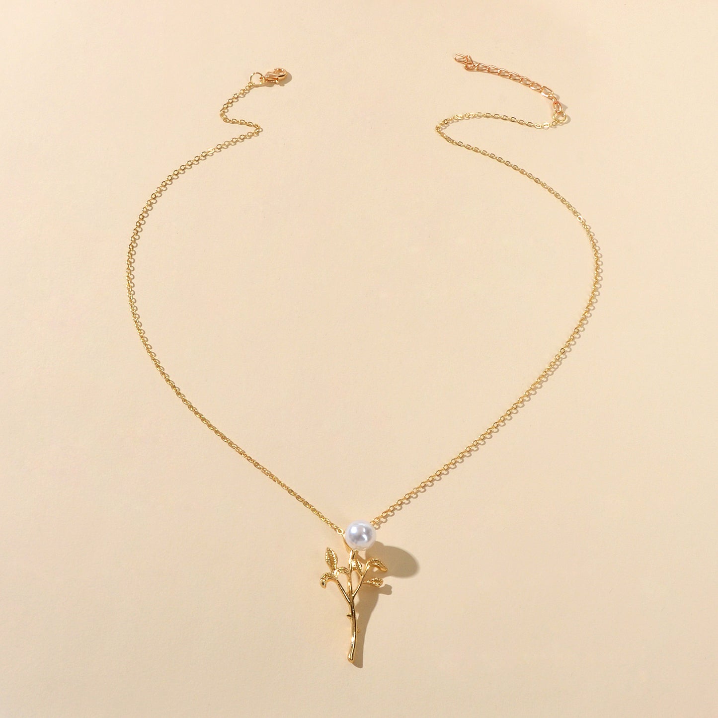 Party Prom Jewelry Golden Chain Imitation Pearl Decor Leaf Branch Pendant Necklace