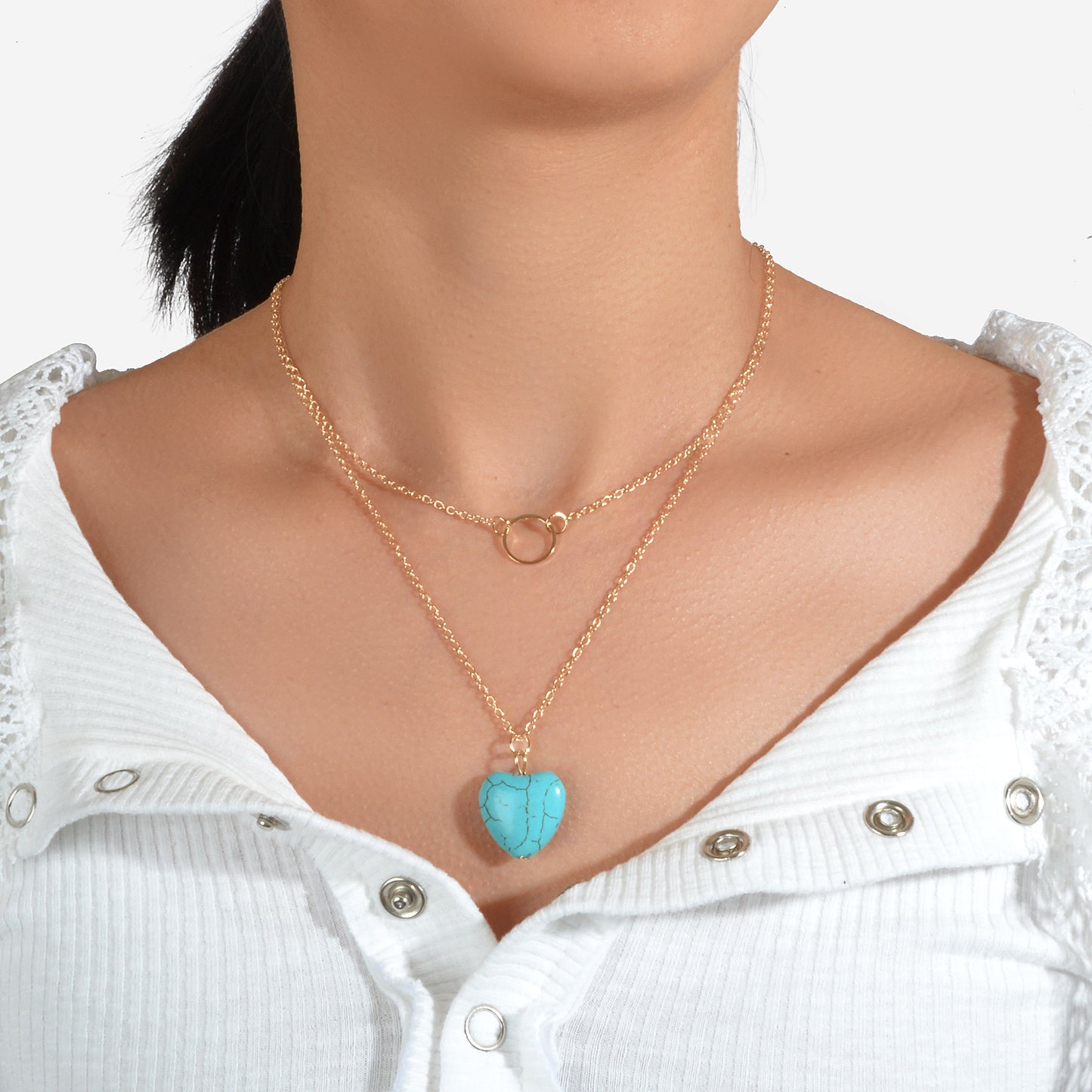 Boho Chic Jewelry Multi-layer Gold Silver Chain Circle Heart Turquoise Necklace