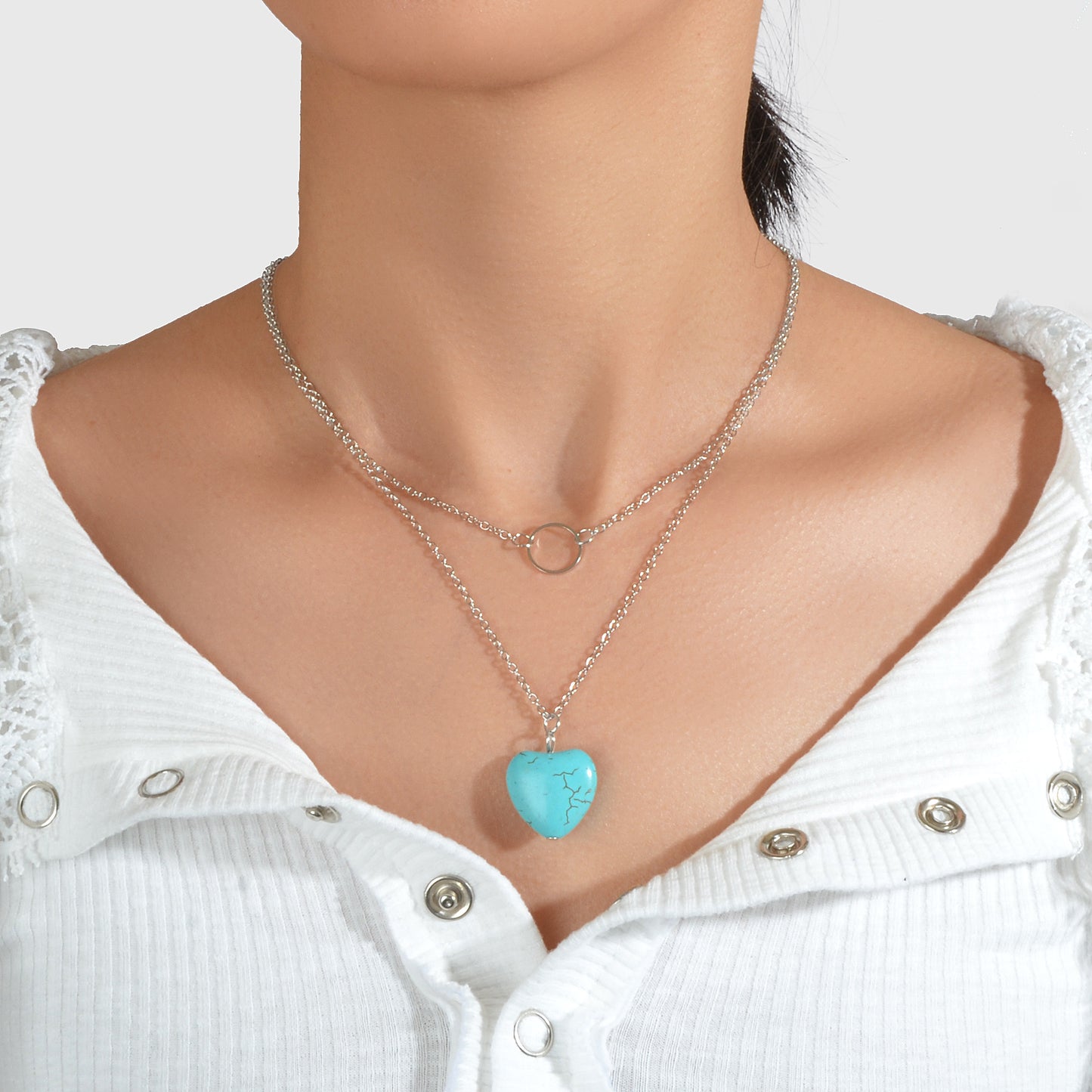 Boho Chic Jewelry Multi-layer Gold Silver Chain Circle Heart Turquoise Necklace