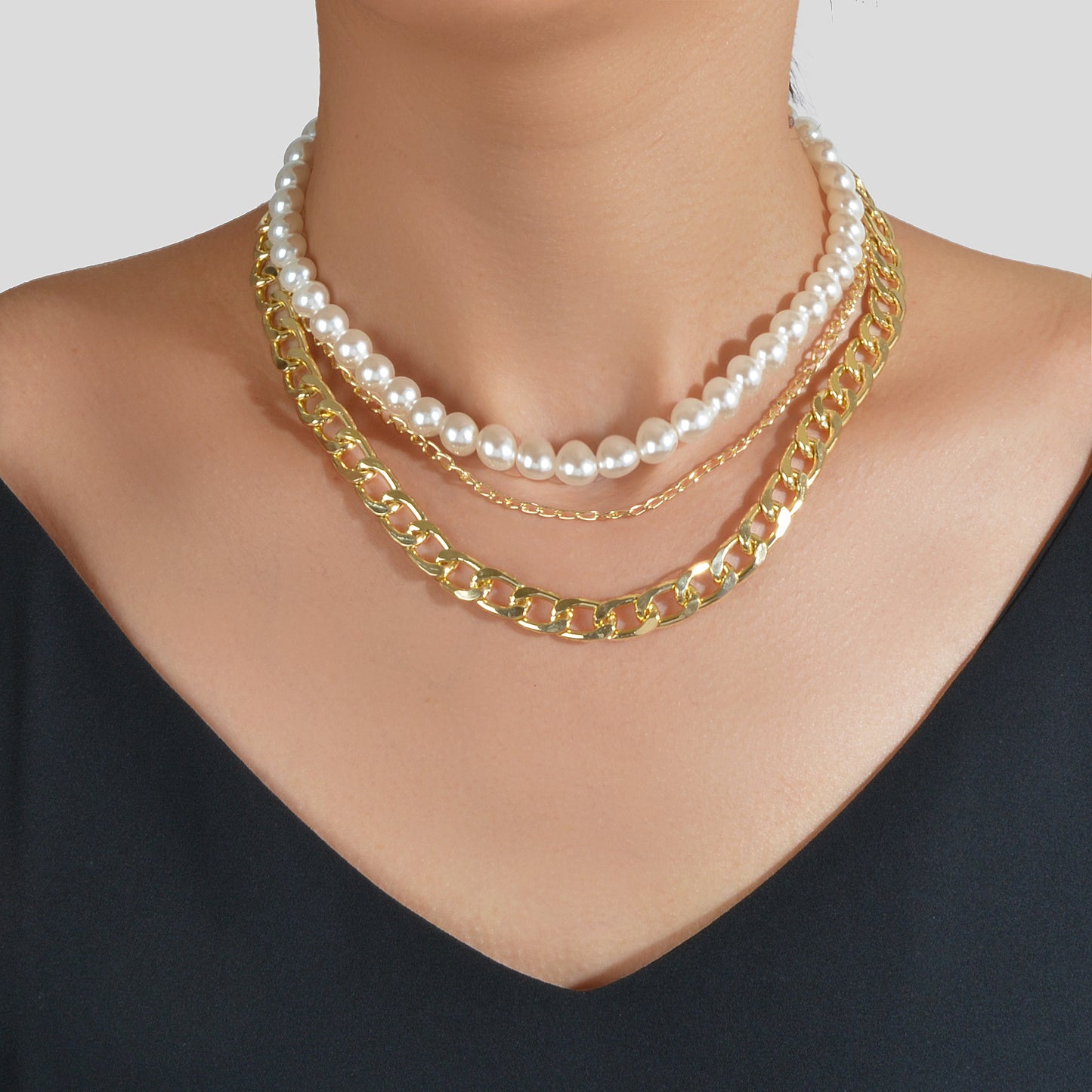 Punk Retro Multi-layer Crude Gold Chain Pearl Short Collar Necklace Women Choker