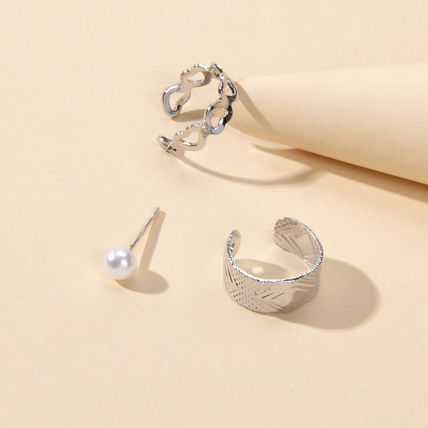 3 pcs Imitation Pearl Stud Gold Silver Hollow out Heart Ear Cuff Cartilage Earrings set