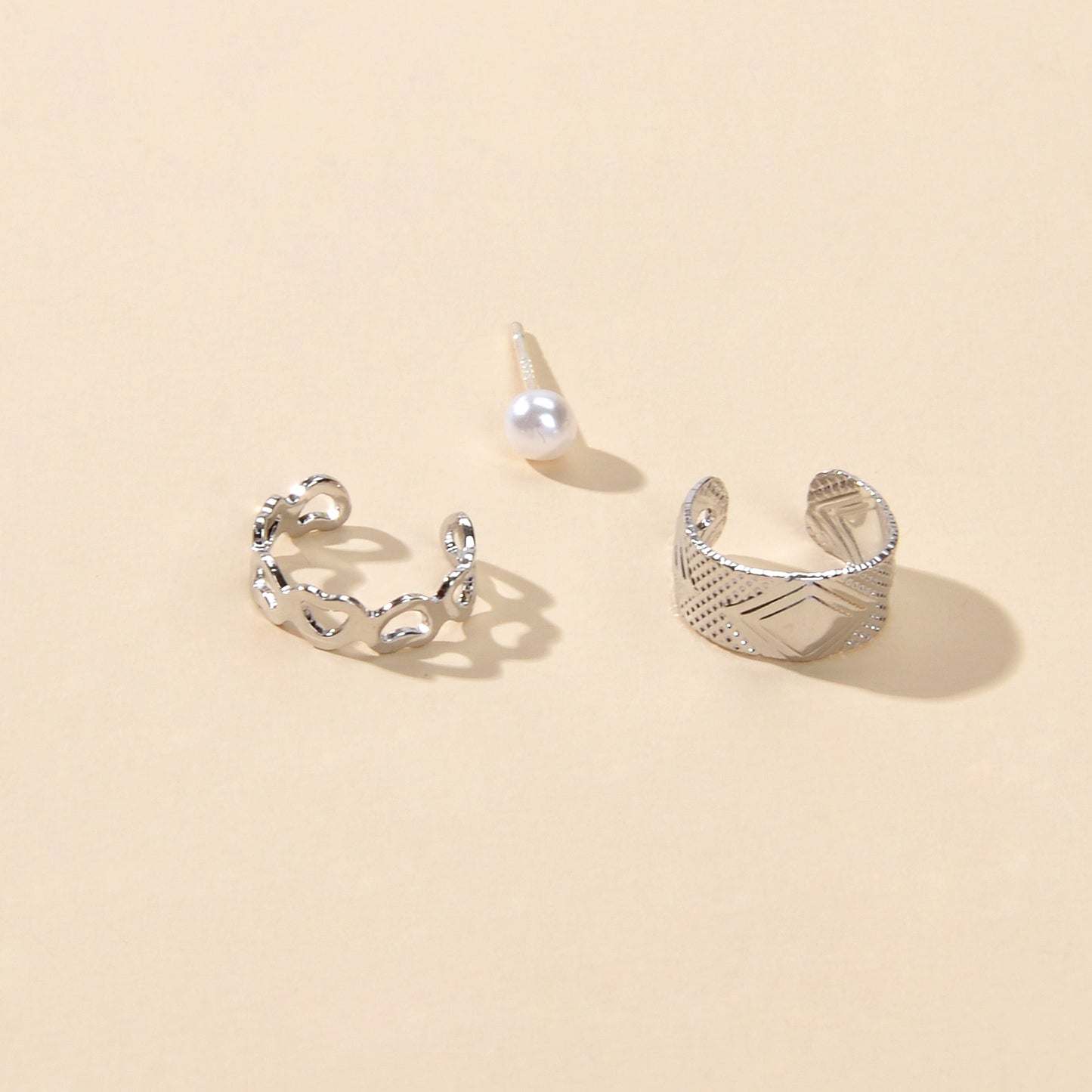 3 pcs Imitation Pearl Stud Gold Silver Hollow out Heart Ear Cuff Cartilage Earrings set