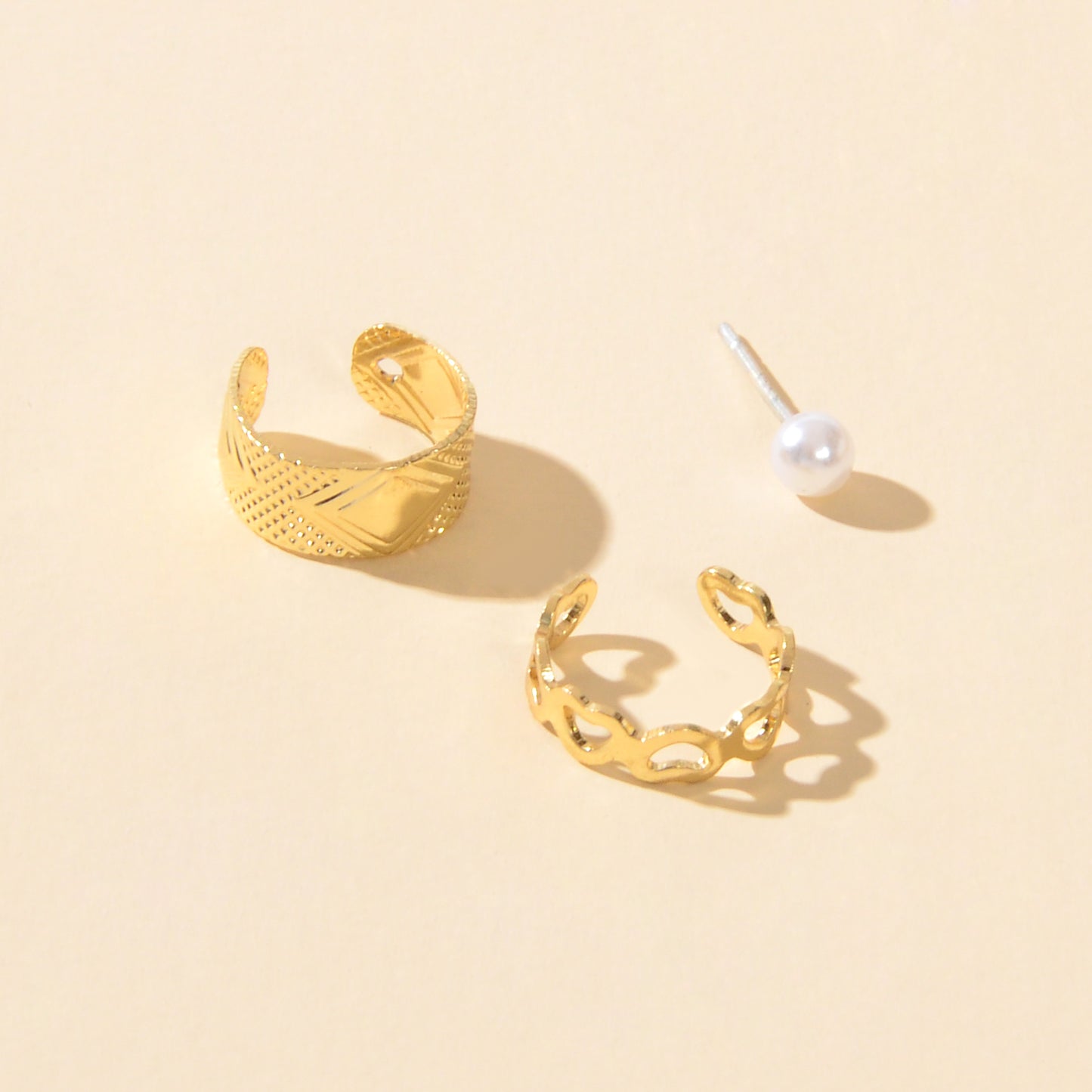 3 pcs Imitation Pearl Stud Gold Silver Hollow out Heart Ear Cuff Cartilage Earrings set