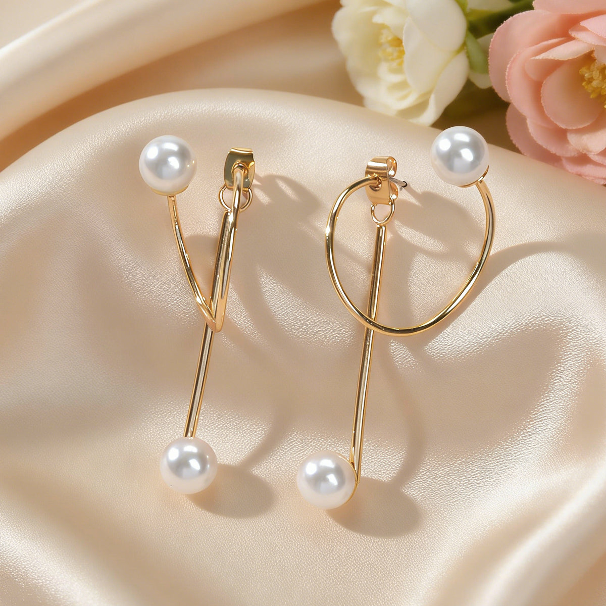 Fashion Jewellery Pearl Gold Circle Stud Curve Stud Earrings Ear Party Teen Gift