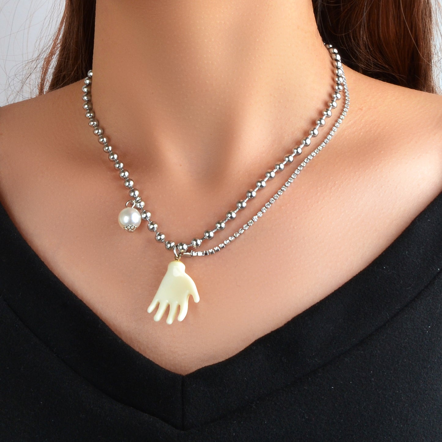 Punk Hip Hop Popcorn Rhinestone Double layer Chain Pearl Hand Pendant Necklace
