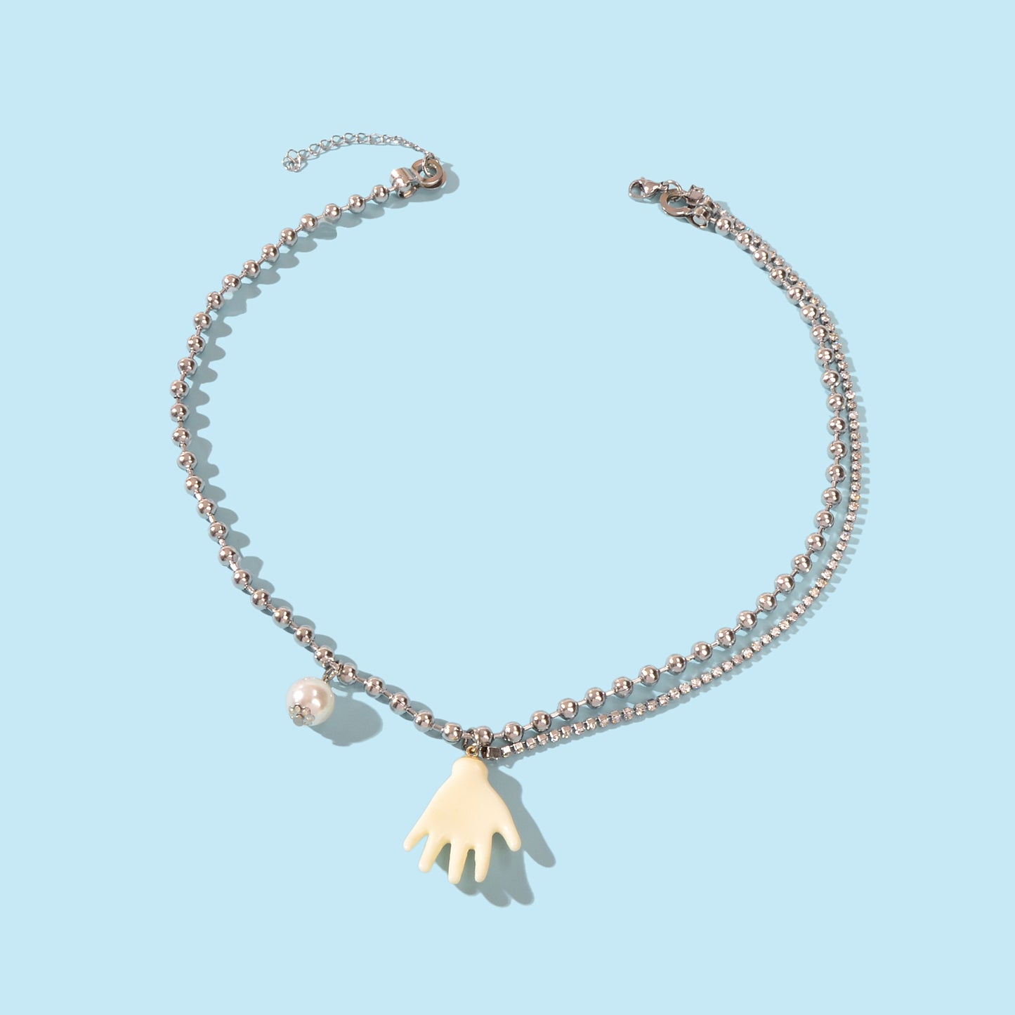 Punk Hip Hop Popcorn Rhinestone Double layer Chain Pearl Hand Pendant Necklace