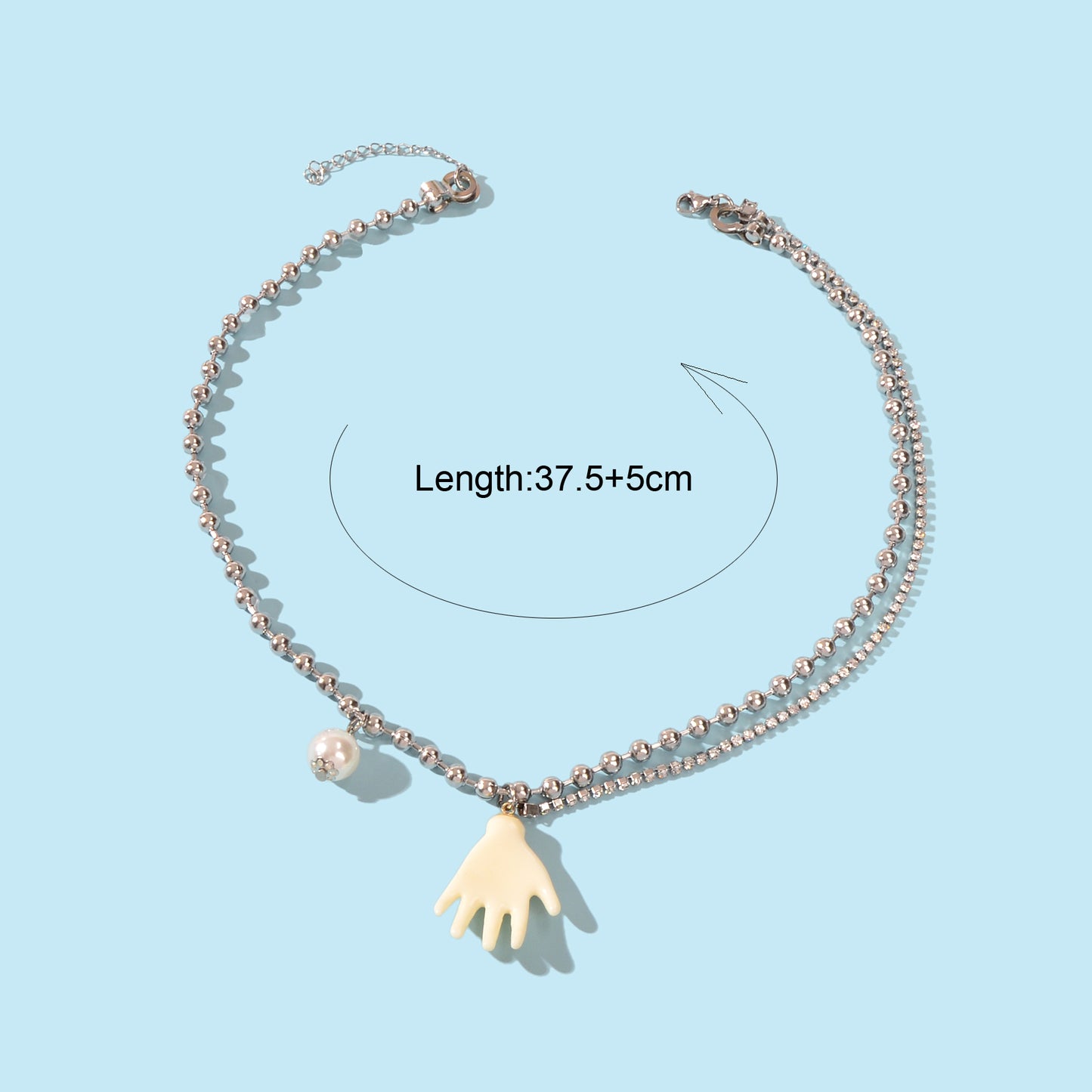 Punk Hip Hop Popcorn Rhinestone Double layer Chain Pearl Hand Pendant Necklace
