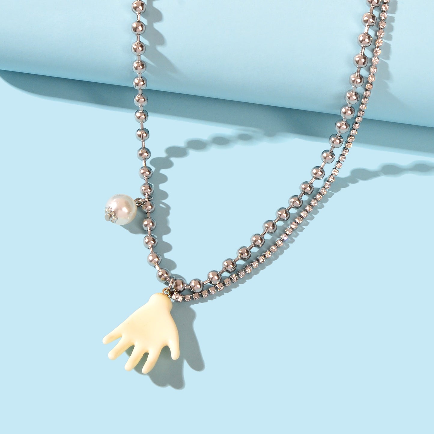 Punk Hip Hop Popcorn Rhinestone Double layer Chain Pearl Hand Pendant Necklace