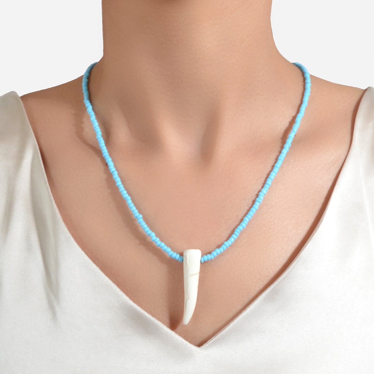 Tribal Ethnic Women Jewelry Blue Seed Bead Imitation Animal Tooth Charm Necklace