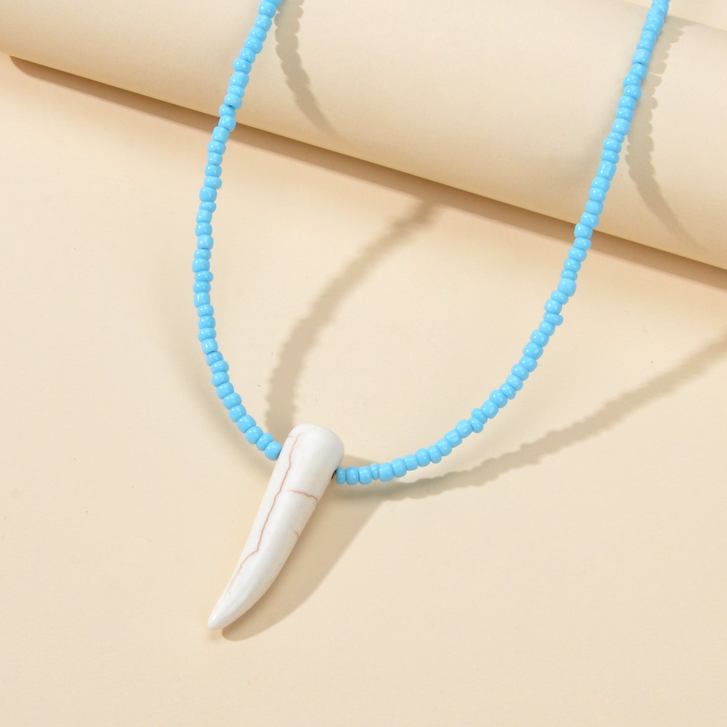 Tribal Ethnic Women Jewelry Blue Seed Bead Imitation Animal Tooth Charm Necklace