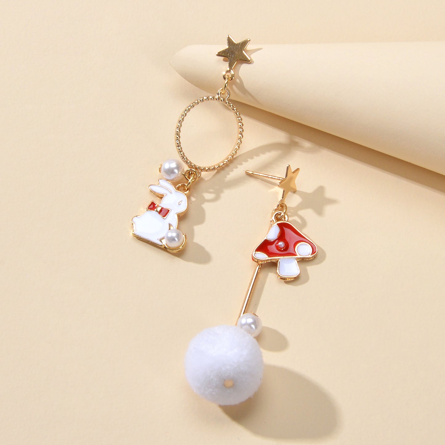 Red White Enamel Easter Rabbit Bunny Mushroom Ball Charm Asymmetric Earrings