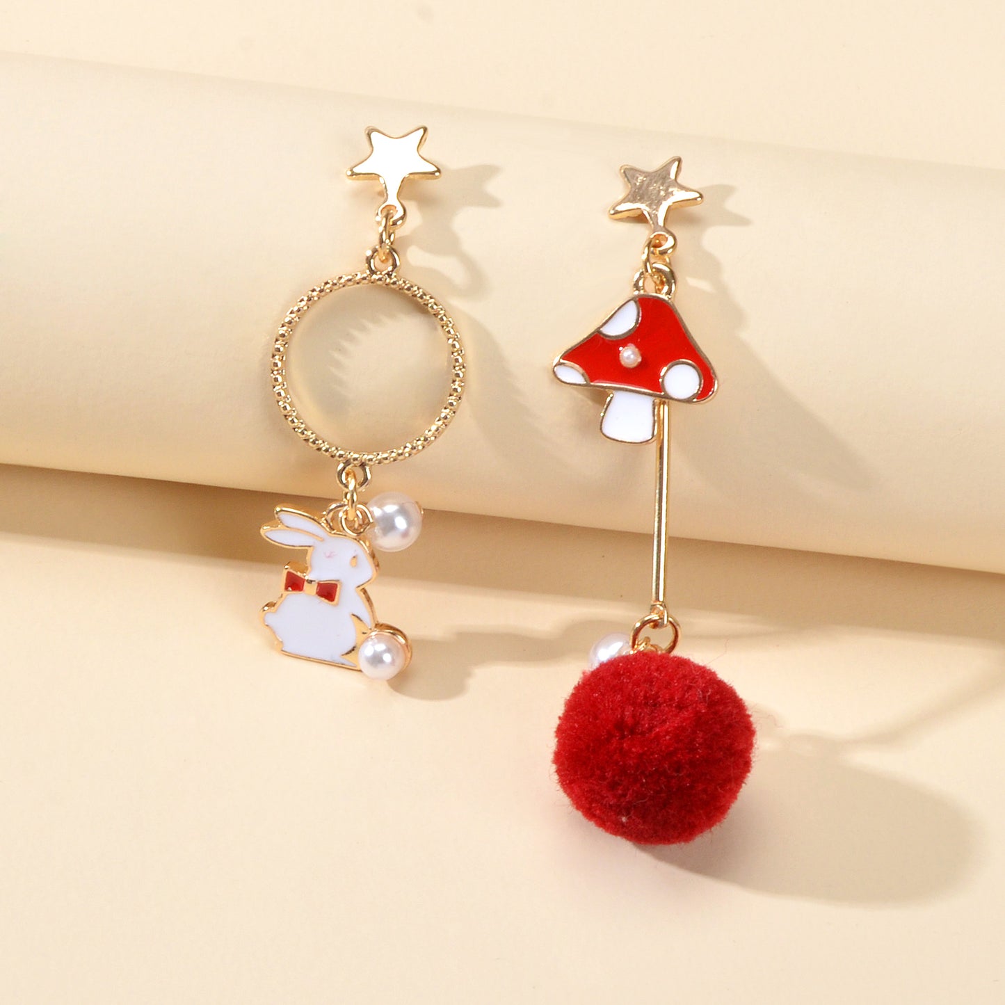 Red White Enamel Easter Rabbit Bunny Mushroom Ball Charm Asymmetric Earrings