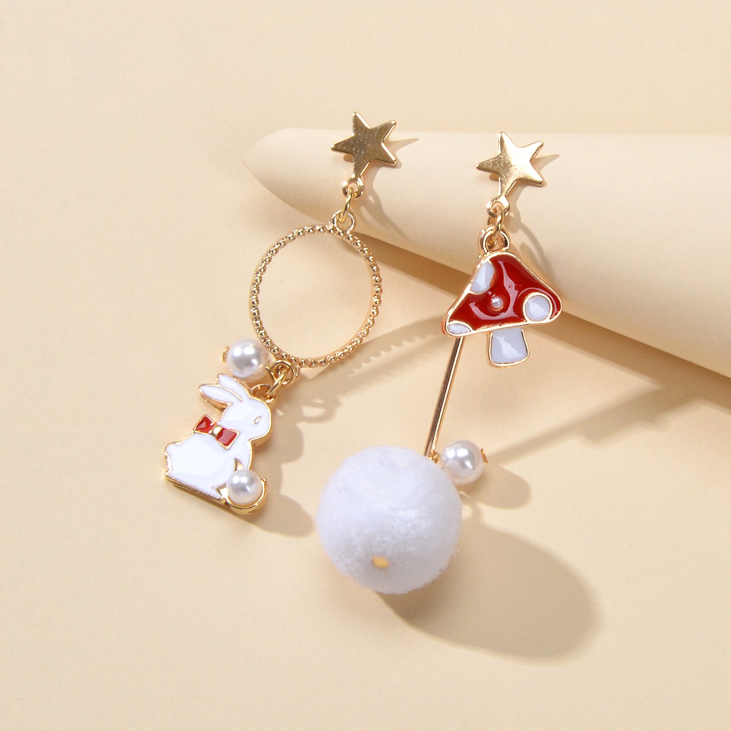 Red White Enamel Easter Rabbit Bunny Mushroom Ball Charm Asymmetric Earrings