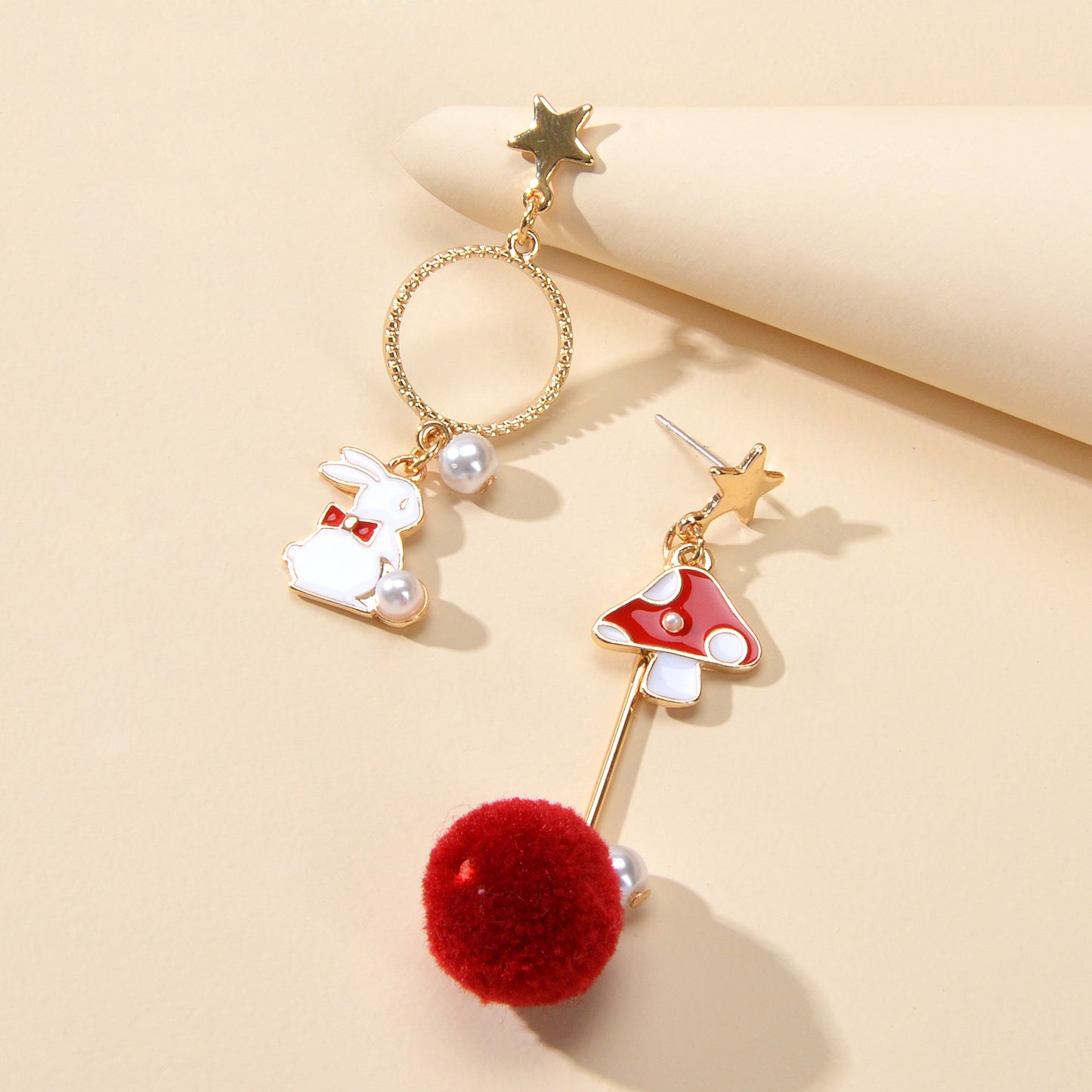 Red White Enamel Easter Rabbit Bunny Mushroom Ball Charm Asymmetric Earrings
