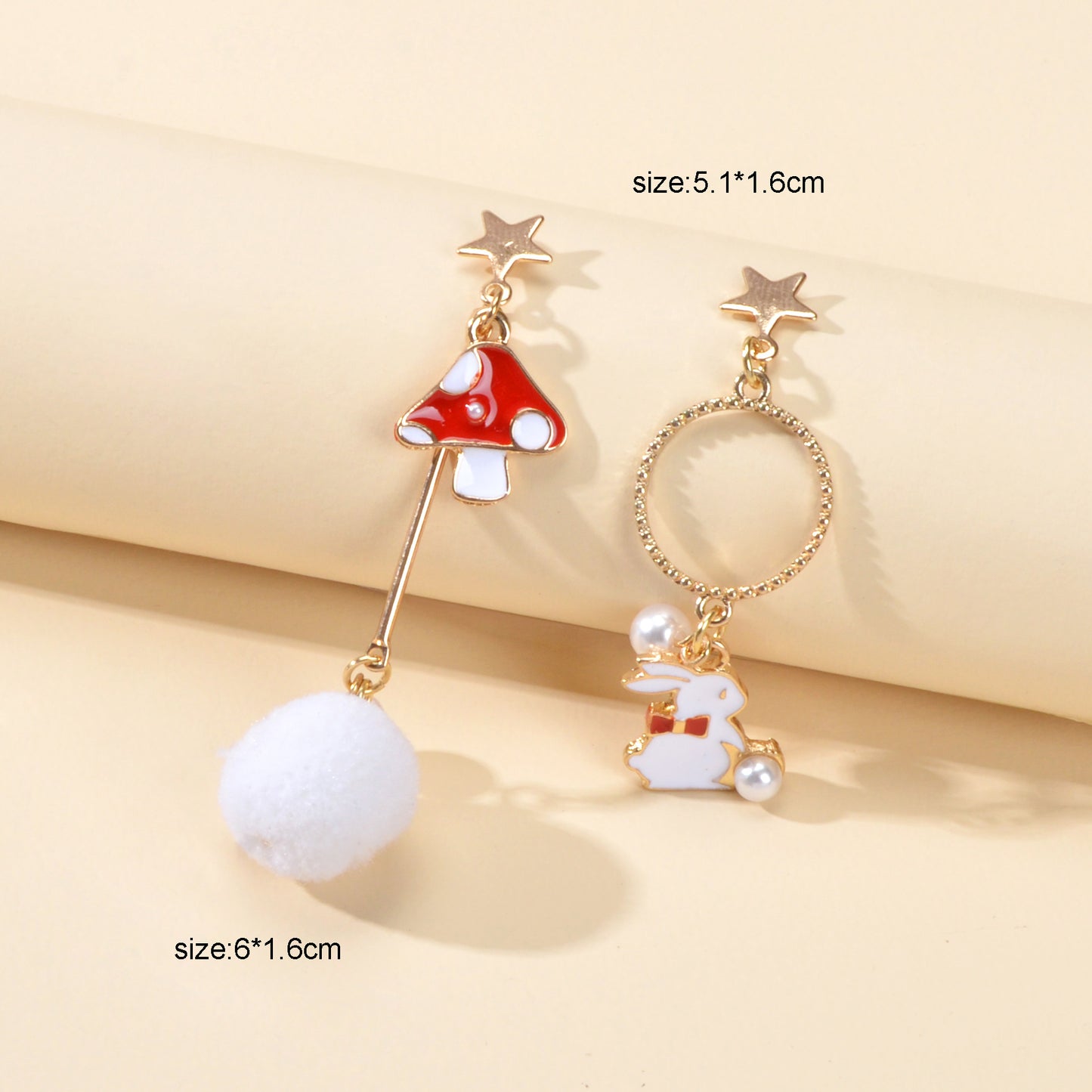 Red White Enamel Easter Rabbit Bunny Mushroom Ball Charm Asymmetric Earrings