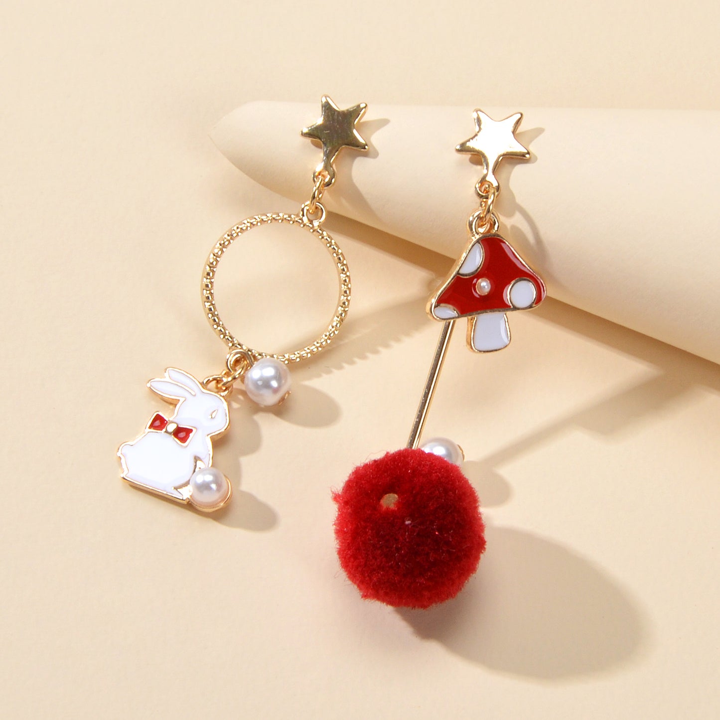 Red White Enamel Easter Rabbit Bunny Mushroom Ball Charm Asymmetric Earrings