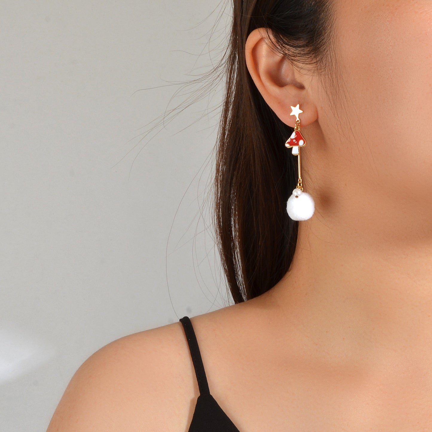 Red White Enamel Easter Rabbit Bunny Mushroom Ball Charm Asymmetric Earrings