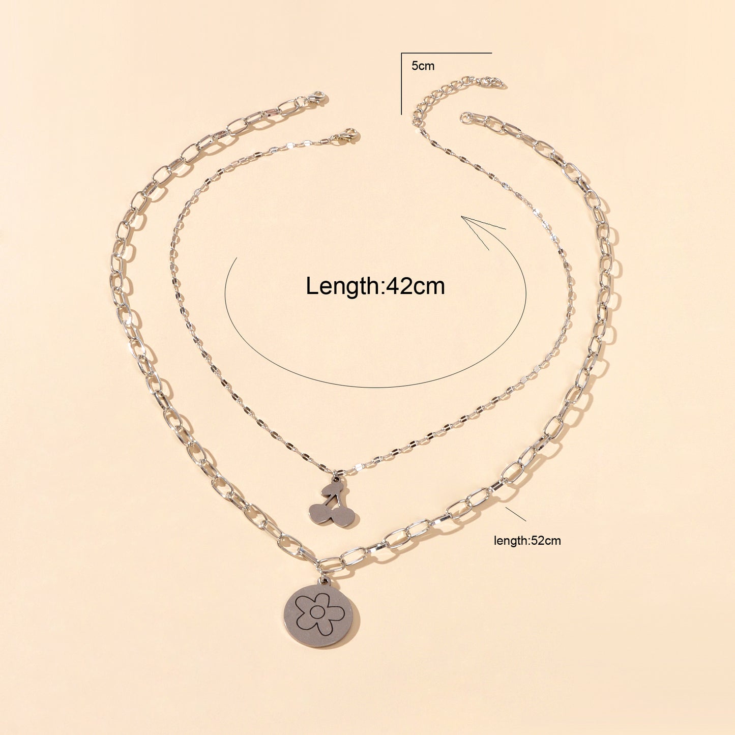 2 pcs Good Quality Jewellery Silver Stainless Steel Cherry Flower Round Necklace