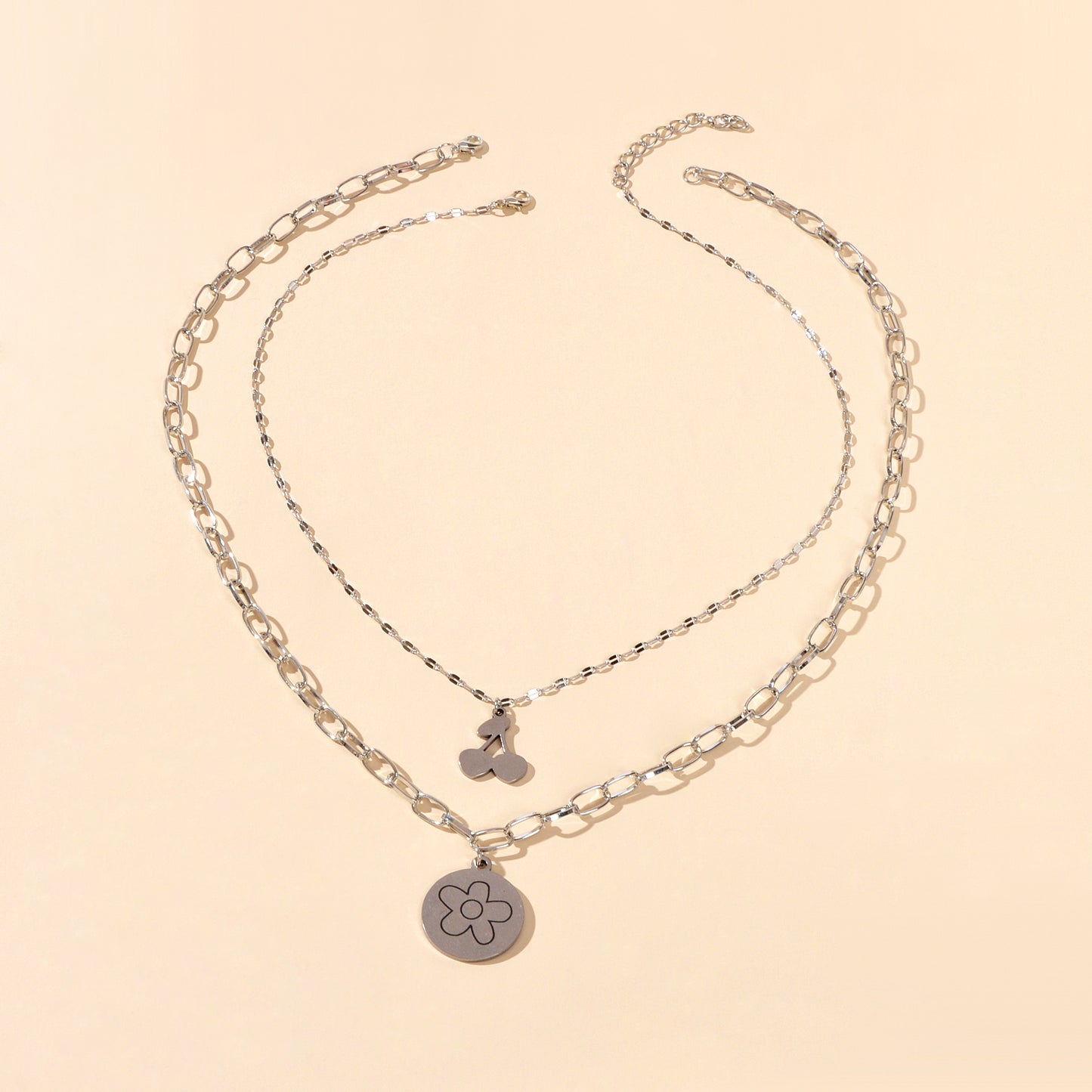 2 pcs Good Quality Jewellery Silver Stainless Steel Cherry Flower Round Necklace