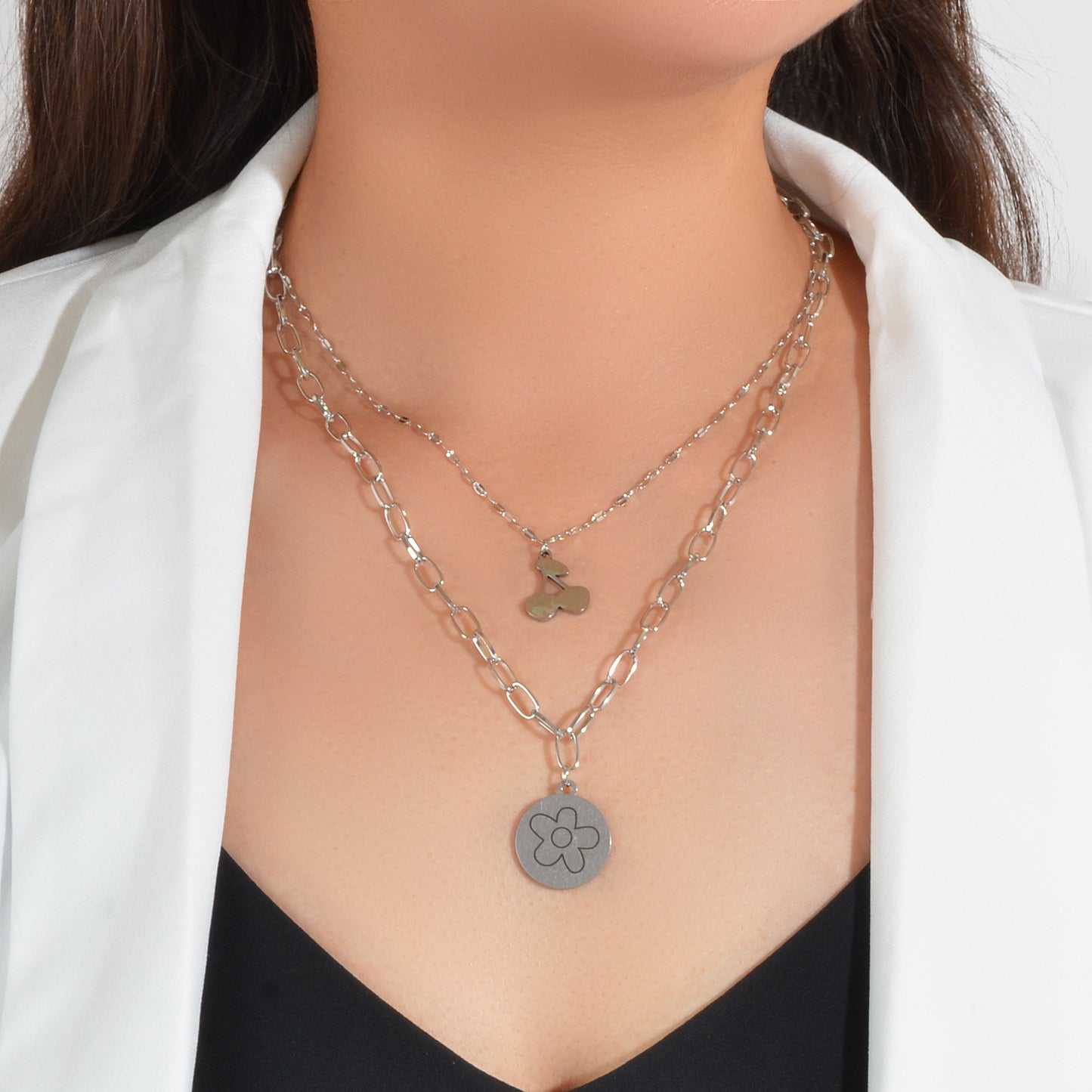 2 pcs Good Quality Jewellery Silver Stainless Steel Cherry Flower Round Necklace