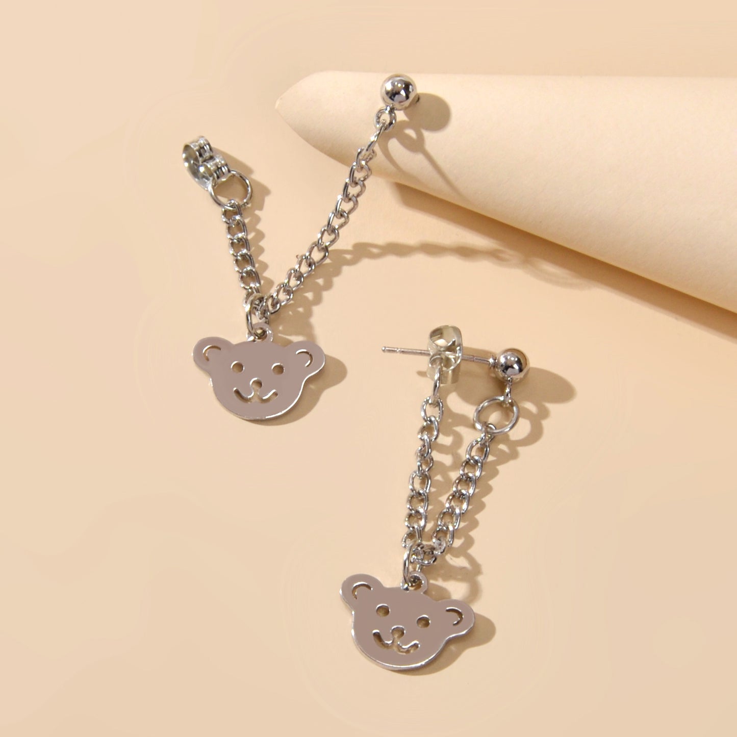Cartoon Jewellery Cool  Silver Chain Happy Bear Dangle Earrings Ear Jacket