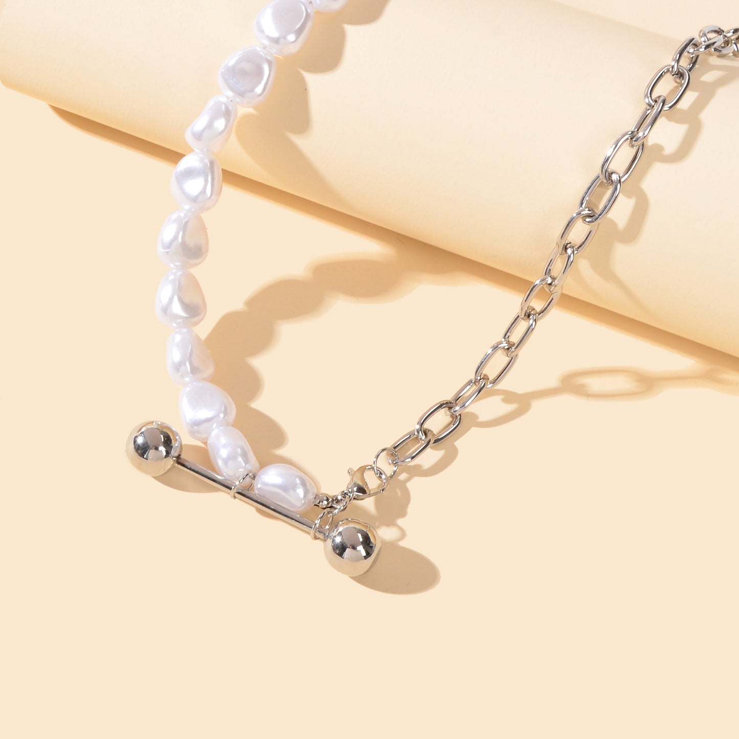 Punk Silver Irregular Faux Pearl Beads Paperclip Multiple Link Chain Necklace