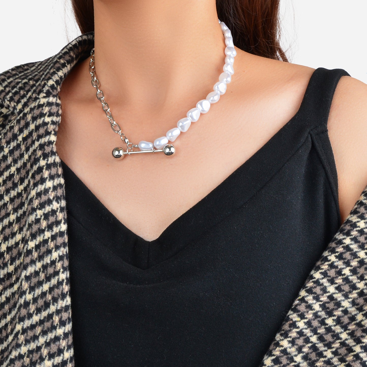 Punk Silver Irregular Faux Pearl Beads Paperclip Multiple Link Chain Necklace