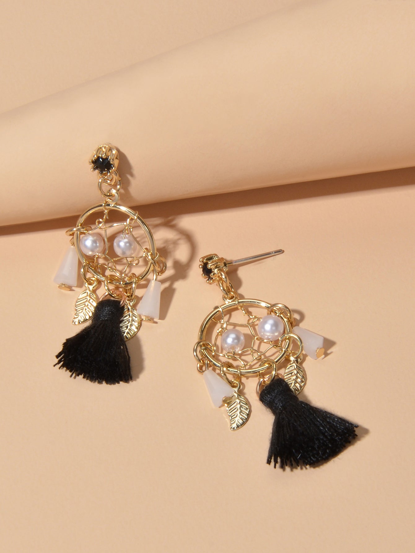 Ethnic Style Bohemian Jewellery Pearl Beads Leaf Charm Tassel Dangle Earrings