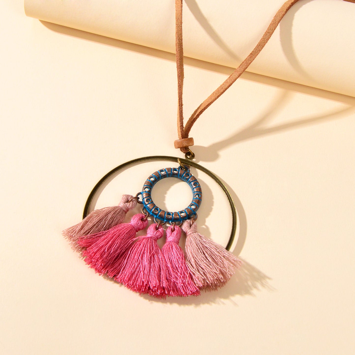 Ethnic American Jewellery Long Chain Pink Tassel Circle Charm Boho Chic Necklace