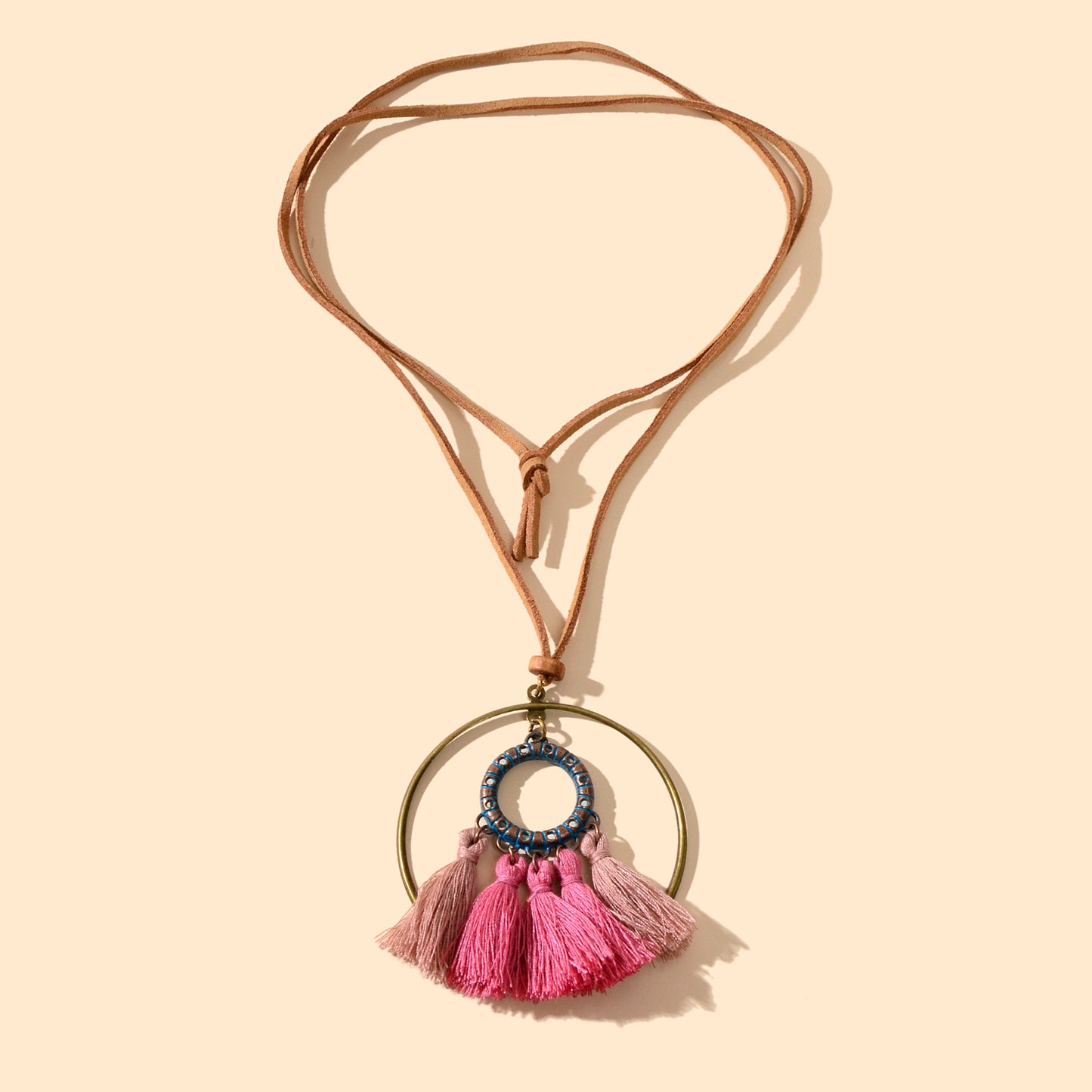 Ethnic American Jewellery Long Chain Pink Tassel Circle Charm Boho Chic Necklace