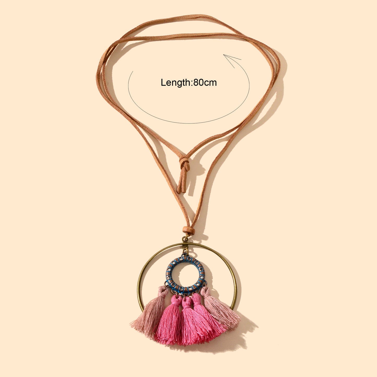 Ethnic American Jewellery Long Chain Pink Tassel Circle Charm Boho Chic Necklace
