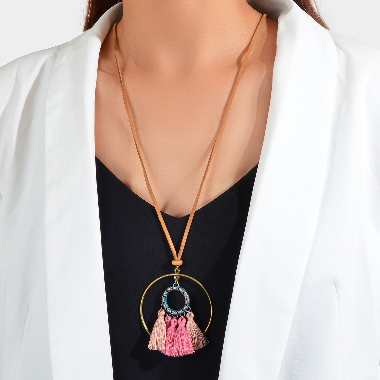 Ethnic American Jewellery Long Chain Pink Tassel Circle Charm Boho Chic Necklace