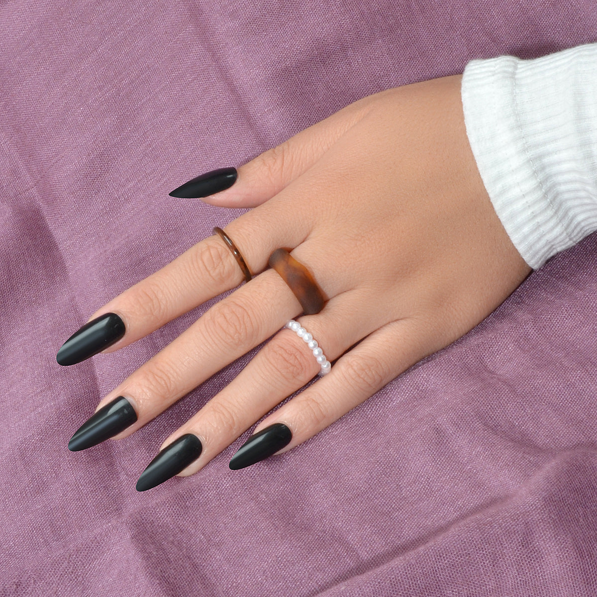 Multiple 3 pcs White Brown Resin Chunky Pearl Elastic Stackable Finger Ring Set