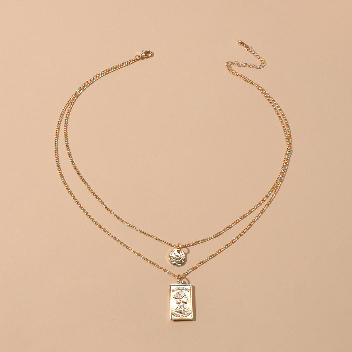 Court Double layer Gold Chain Round Rectangle Head Sculpture Pendant Necklace