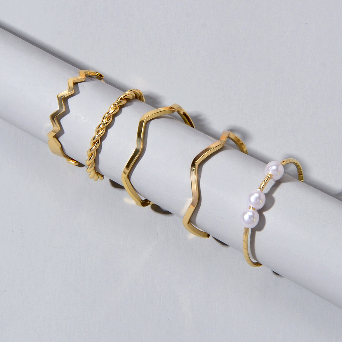 Stackable 5 pcs Metal Pearl Minimalist Finger Ring set Multiple Rings Bulk Pack