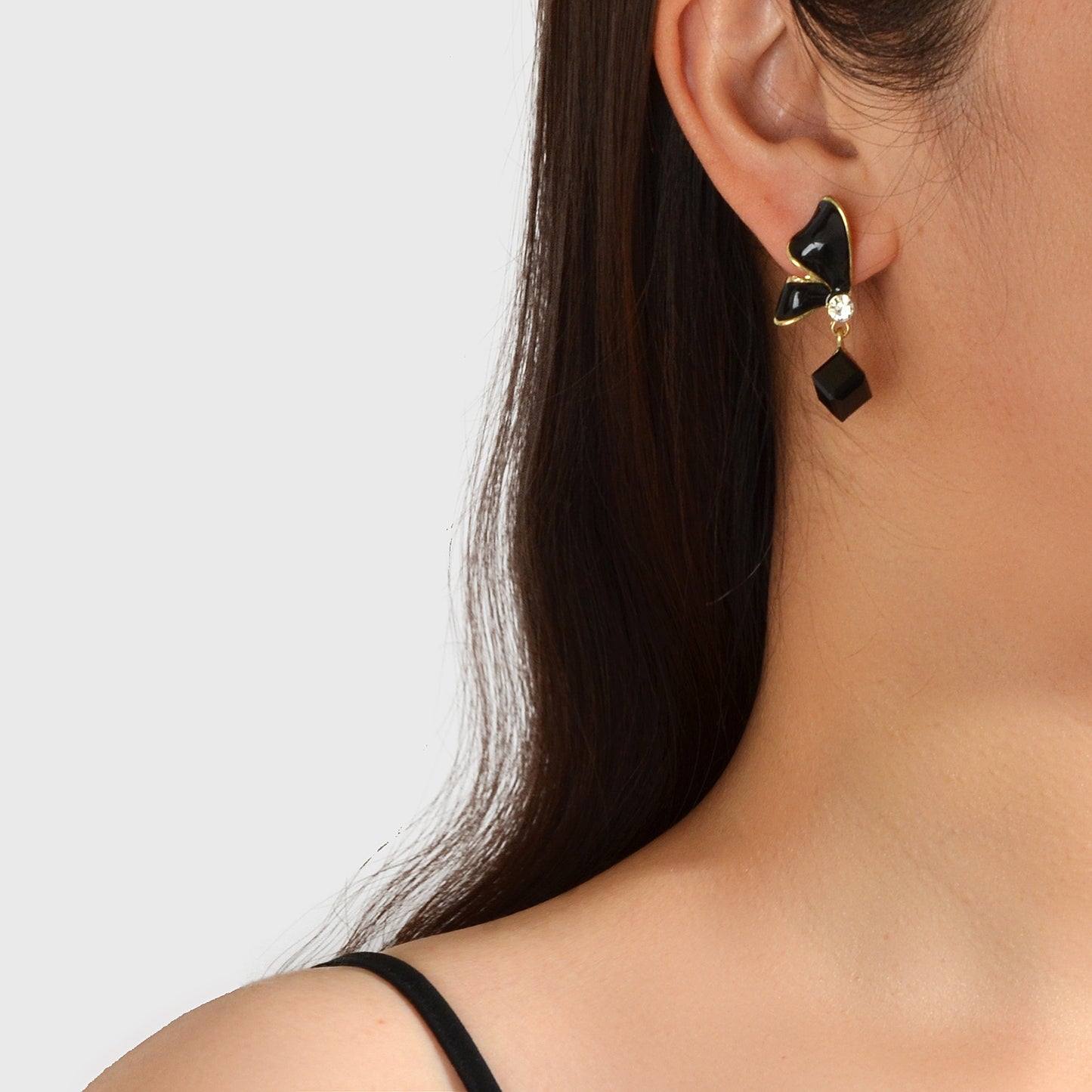 Elegant Black Blue Enamel Butterfly Square Imitation Gemstone Dangle Earrings
