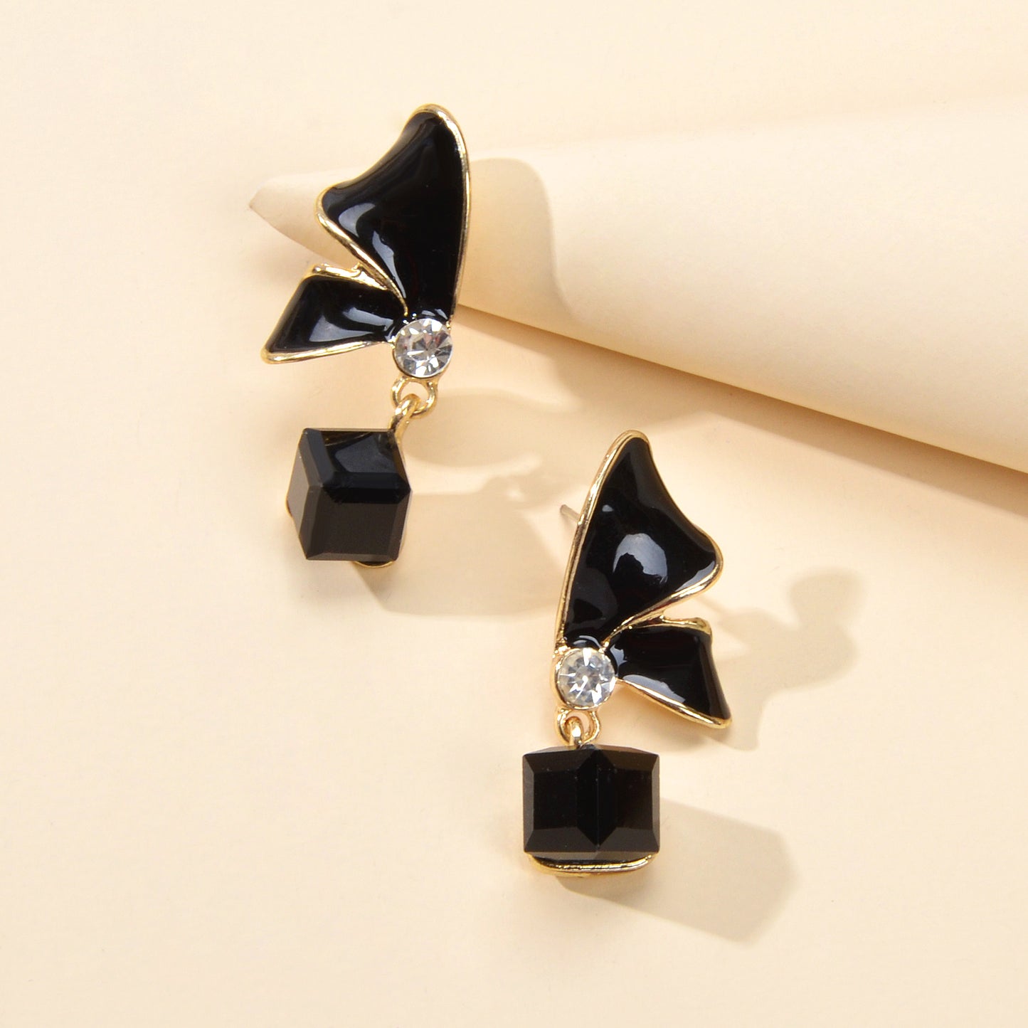 Elegant Black Blue Enamel Butterfly Square Imitation Gemstone Dangle Earrings