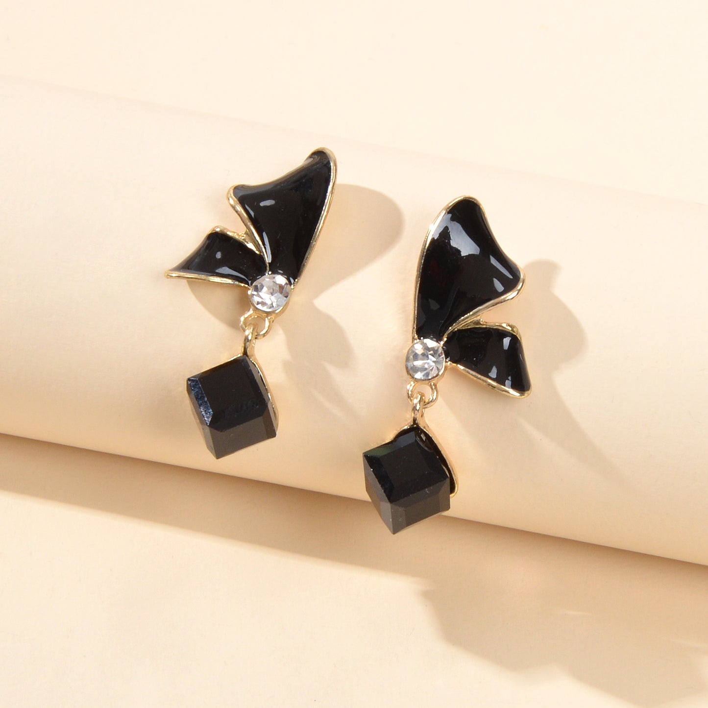 Elegant Black Blue Enamel Butterfly Square Imitation Gemstone Dangle Earrings