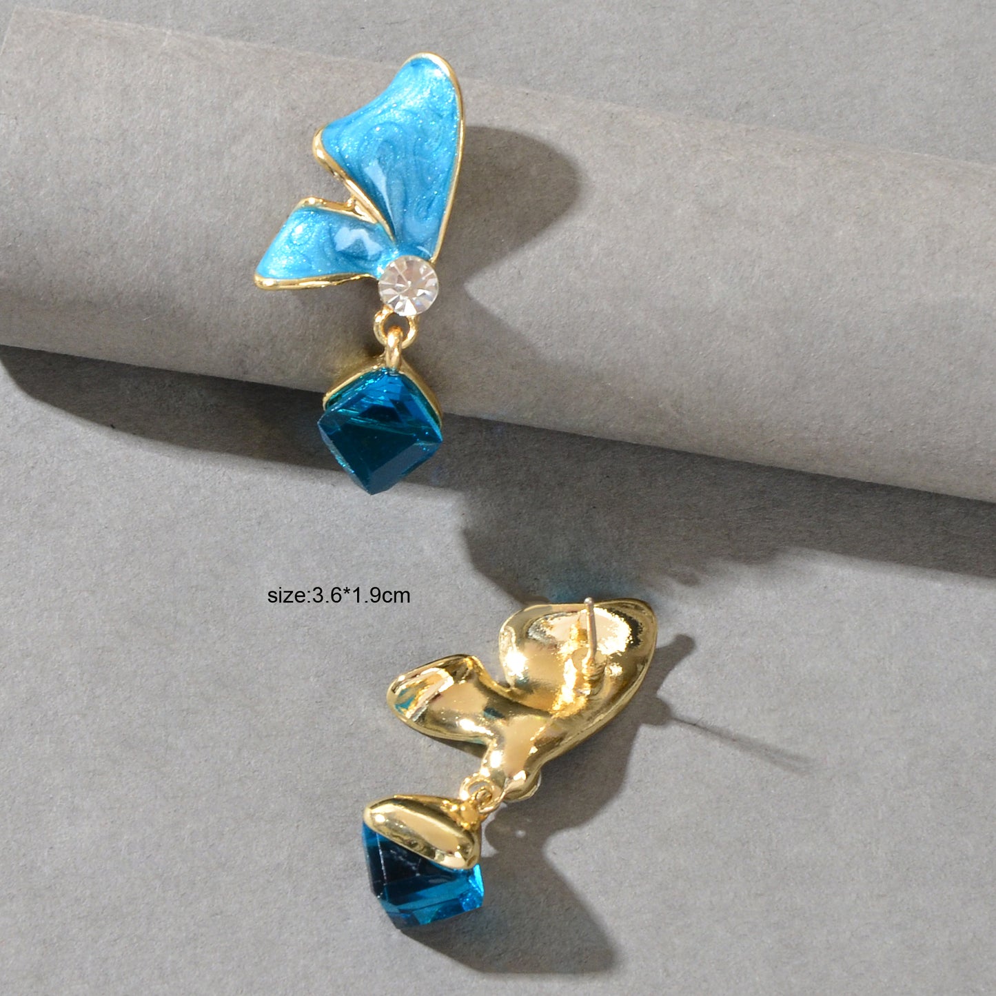 Elegant Black Blue Enamel Butterfly Square Imitation Gemstone Dangle Earrings